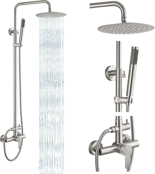 gotonovo Outdoor Shower Fixtures SUS304 Stainless Steel Rain Shower Kit Faucet High Pressure Wall Mount 2 Dual Function 8 Inch Showerhead and Handheld Spray Combo, Single Handle, Brushed Nickel