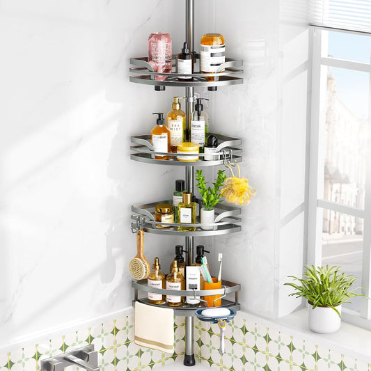 HAMITOR Shower Caddy Tension Pole：4-Tier Rustproof Bathroom Corner Shelf for Renters - 47-121inches Adjustable Bathtub Organizer with Soap Holder-large capacity rack for Shampoo Storage Home Accessory