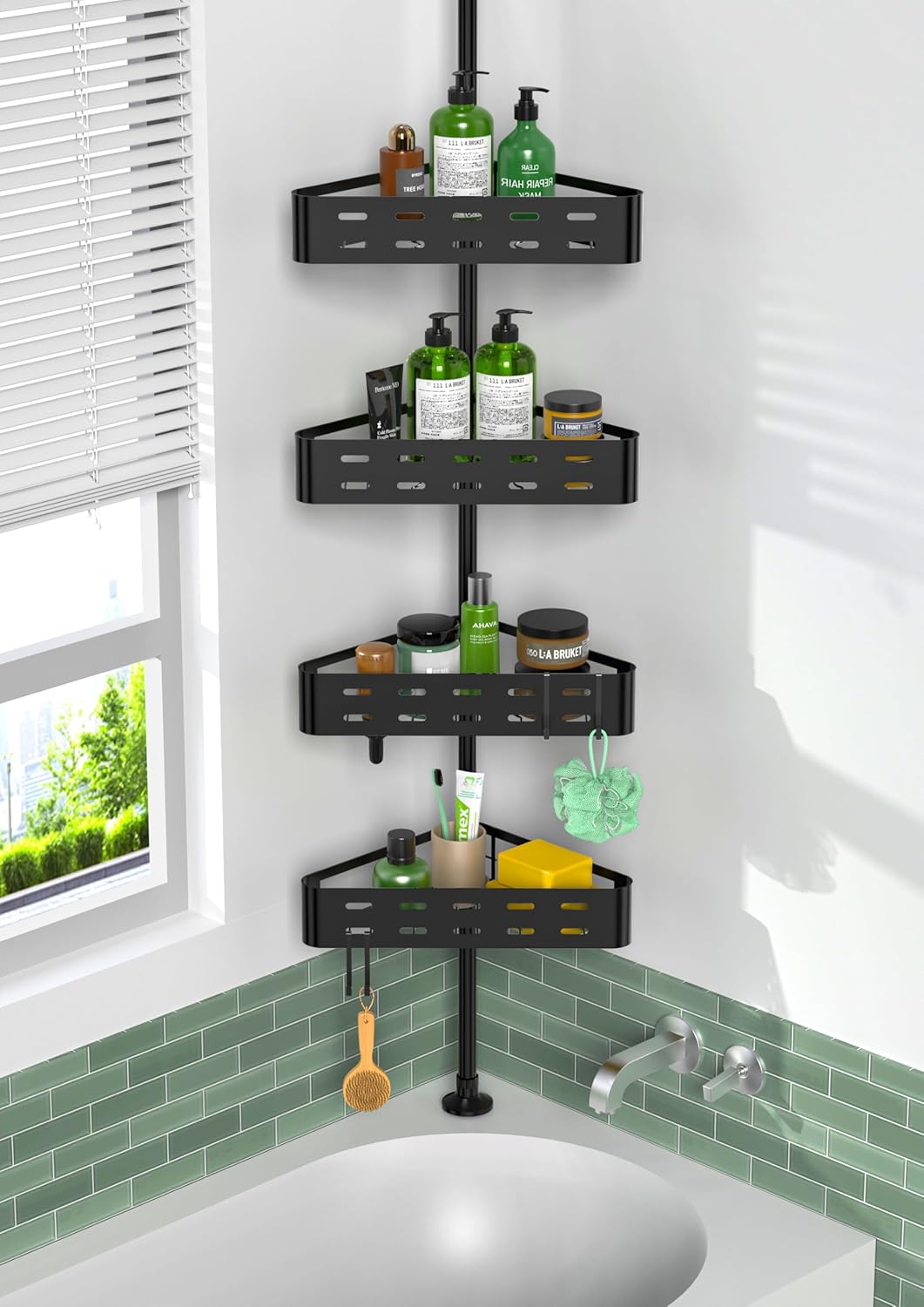 KEGII Corner Shower Caddy Tension Pole - Shower Tension Rod Organizer, Floor to Ceiling Shower Caddy 25-114.2 inch, Towel Rack Corner Waterproof, Black