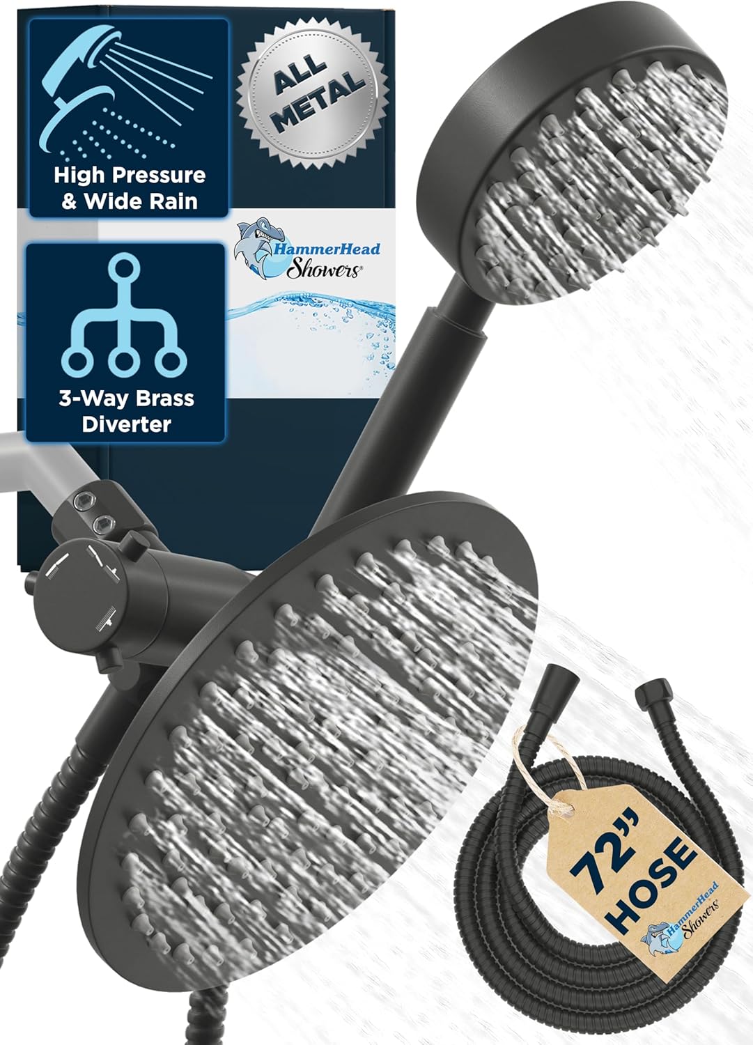 HammerHead Showers® ALL METAL Dual Shower Head Combo – CHROME – 8 Inch Rainfall High Flow Shower Head & Handheld Shower Head High Pressure with Hose 6ft - Hotel-Like Double Shower Heads