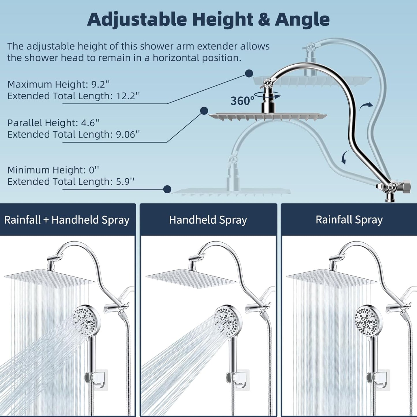 Hibbent All Metal Shower Head, 10'' High Pressure Rainfall Shower Head/Handheld Showerhead Combo with 12'' Adjustable Curve Shower Extension Arm, 10 Sprays, 71'' Shower Hose, Showerhead Holder, Chrome