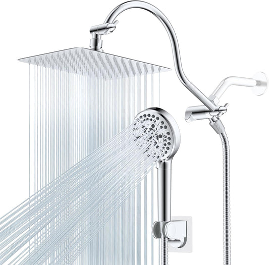 Hibbent All Metal Shower Head, 10'' High Pressure Rainfall Shower Head/Handheld Showerhead Combo with 12'' Adjustable Curve Shower Extension Arm, 10 Sprays, 71'' Shower Hose, Showerhead Holder, Chrome