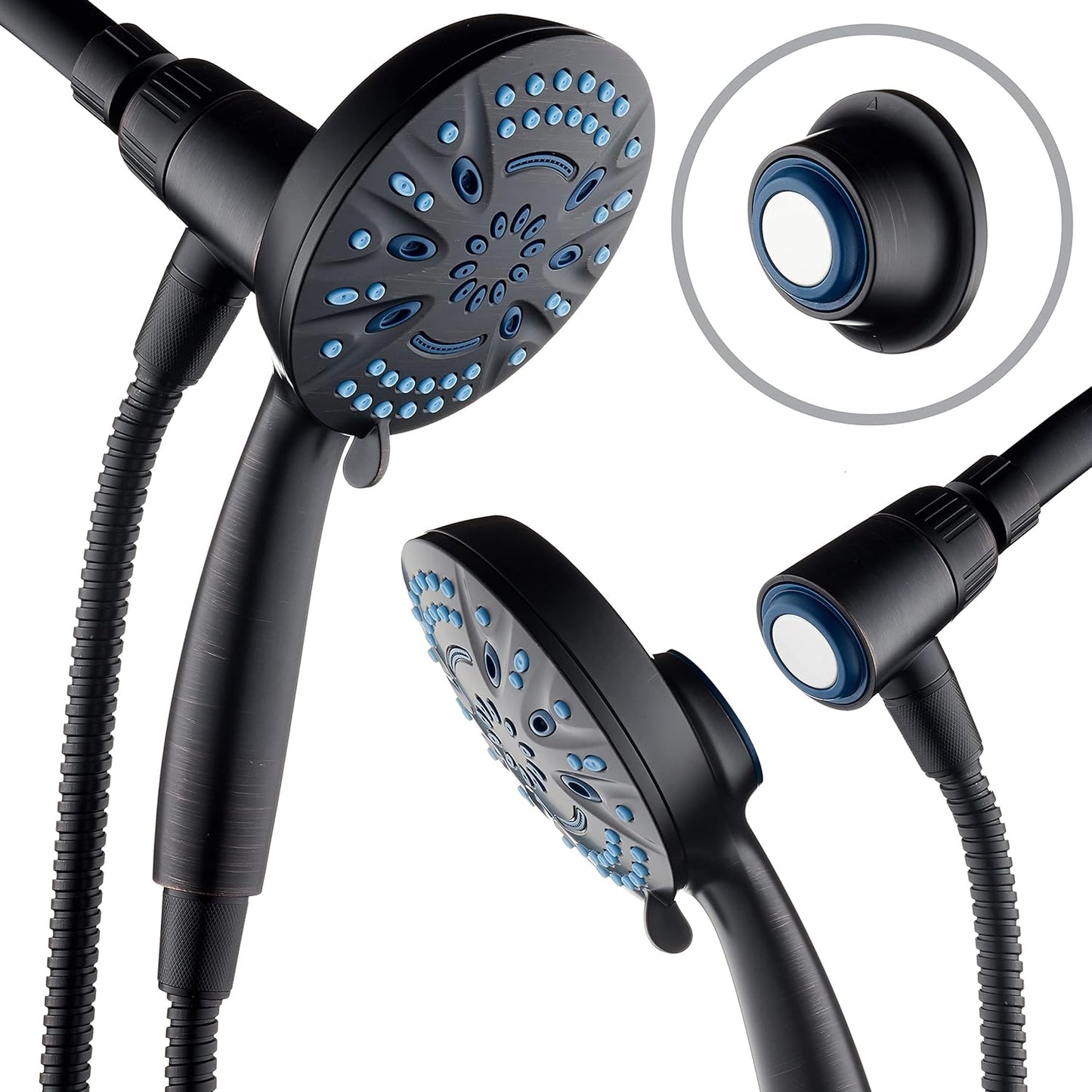 AquaCare Magneton High-Pressure 8-mode Handheld Shower Head with Magnetic Guidance Docking System - 2 Magnetic Brackets, 5 inch Face, Hygienic Jets, 6 ft. Stainless Steel Hose - All Nickel Finish