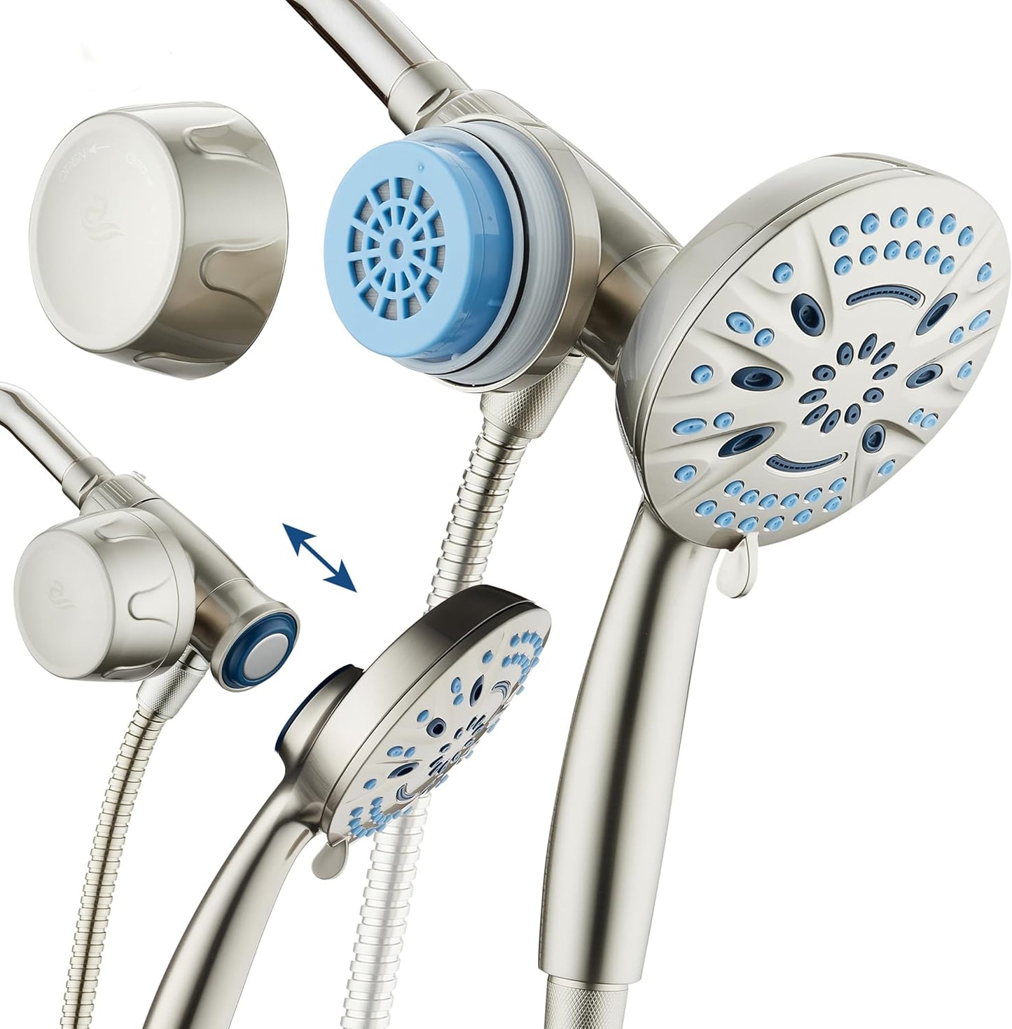 AquaCare Magneton High-Pressure 8-mode Handheld Shower Head with Magnetic Guidance Docking System - 2 Magnetic Brackets, 5 inch Face, Hygienic Jets, 6 ft. Stainless Steel Hose - All Nickel Finish