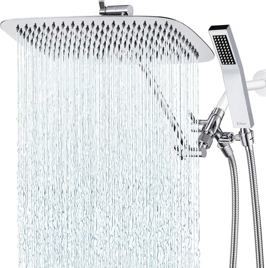 G-Promise All Metal 14 Inch Dual Shower Head with Handheld Combo, Rain Shower Head, Adjustable Extension Arm, Smooth 3-Way Diverter, 71 Inch Extra Long Hose - A Bathroom Upgrade (Chrome)
