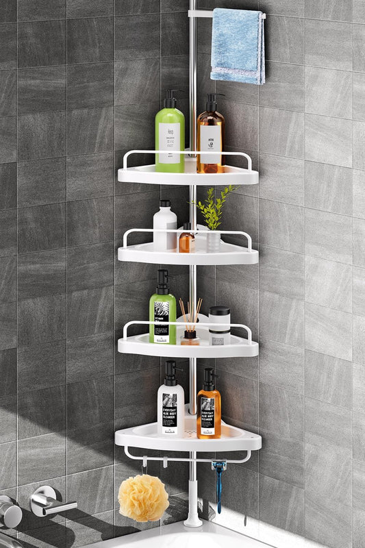 HAMITOR Corner Shower Caddy Tension Pole: Adjustable Stainless Steel Shower Organizer with 4 Tier Shelf for Bathroom Bathtub Tub Shampoo - Floor Standing Rack Bath Storage Holder with Rust Proof Rods