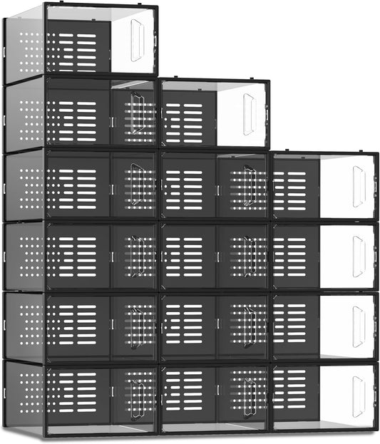 SEE SPRING 15 Pack Shoe Storage Box, Clear Plastic Stackable Shoe Organizer for Closet, Space Saving Shoe Rack Sneaker Container Bin Holder, Black
