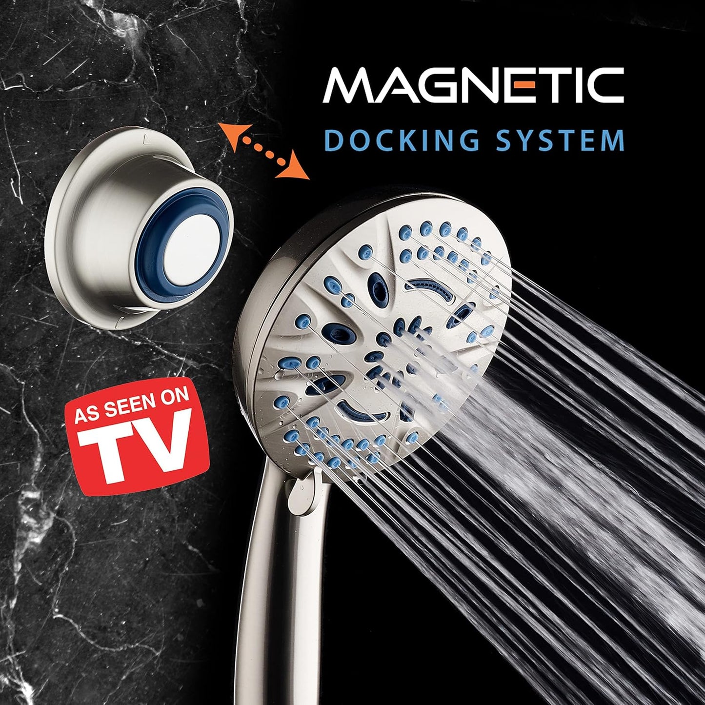 AquaCare Magneton High-Pressure 8-mode Handheld Shower Head with Magnetic Guidance Docking System - 2 Magnetic Brackets, 5 inch Face, Hygienic Jets, 6 ft. Stainless Steel Hose - All Nickel Finish